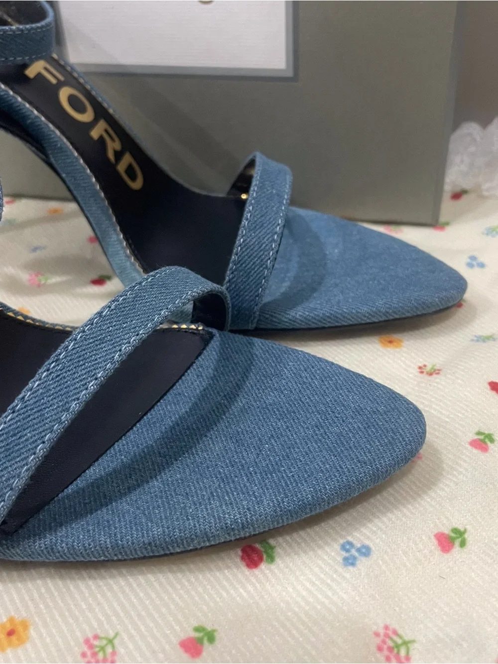 Tom Ford Denim Blue Pointed-Toe Ankle-Strap Heels with Gold Accents